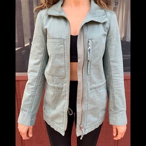 Madewell Khaki denim jacket, great condition, front & chest zippers, pockets XS